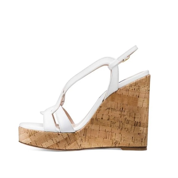 Stuart Weitzman Interlocking White Leather Cork Wedge Espadrille Shoes New 9.5 - Picture 7 of 8
